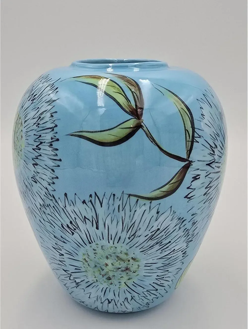 Vintage Hand Painted Turquoise Ceramic Floral Vase Modern Art Pottery Decor